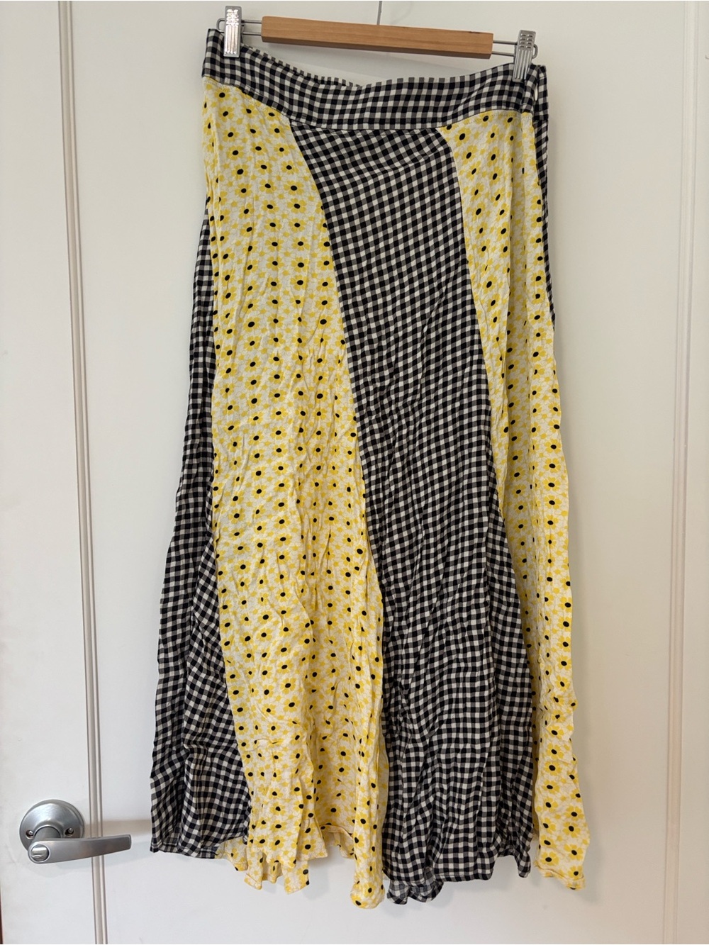 GANNI Daisy Gingham Printed Viscose Midi Skirt Black Yellow EU 42 US 10
